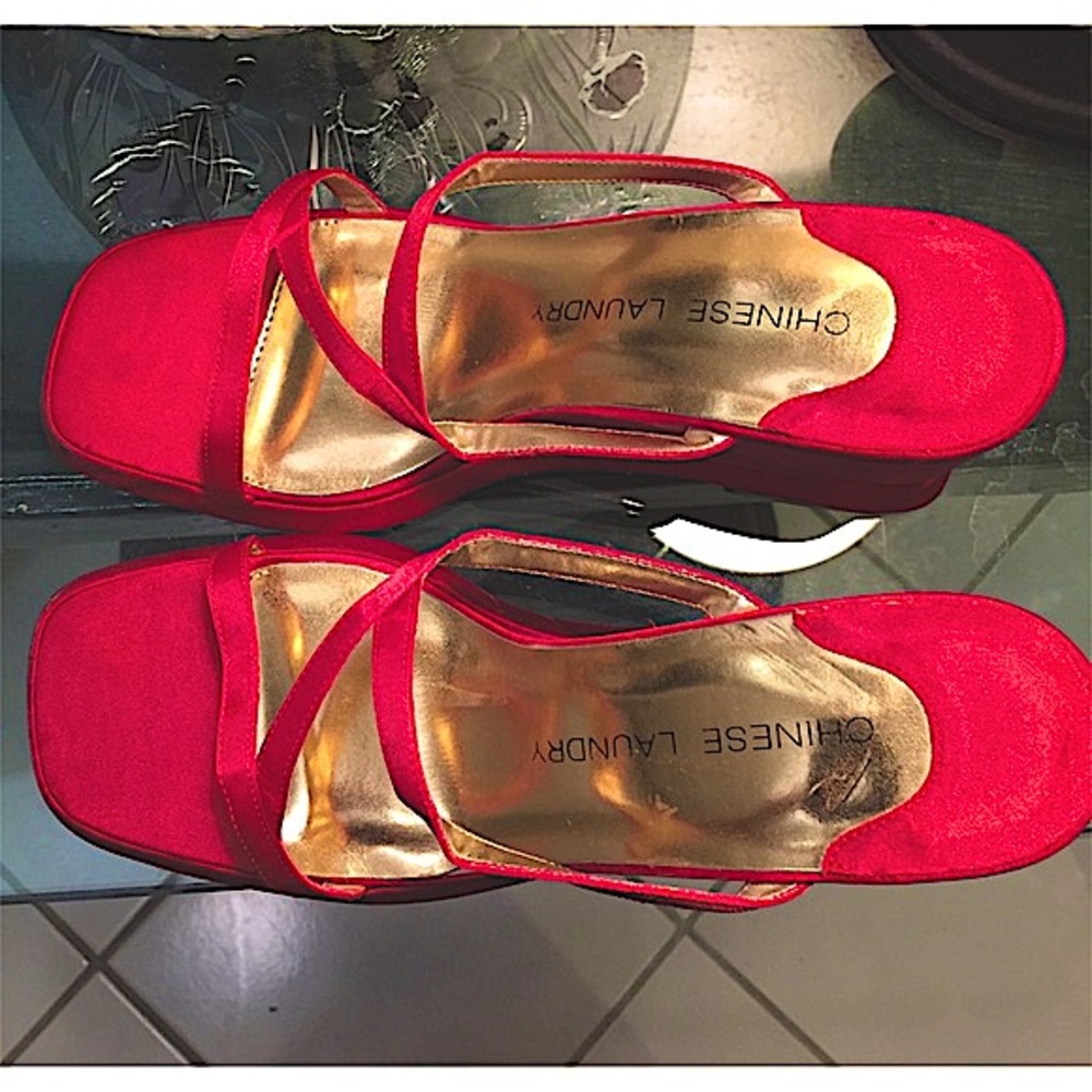 Chinese Laundry red satin wedges, NWOT, reduced